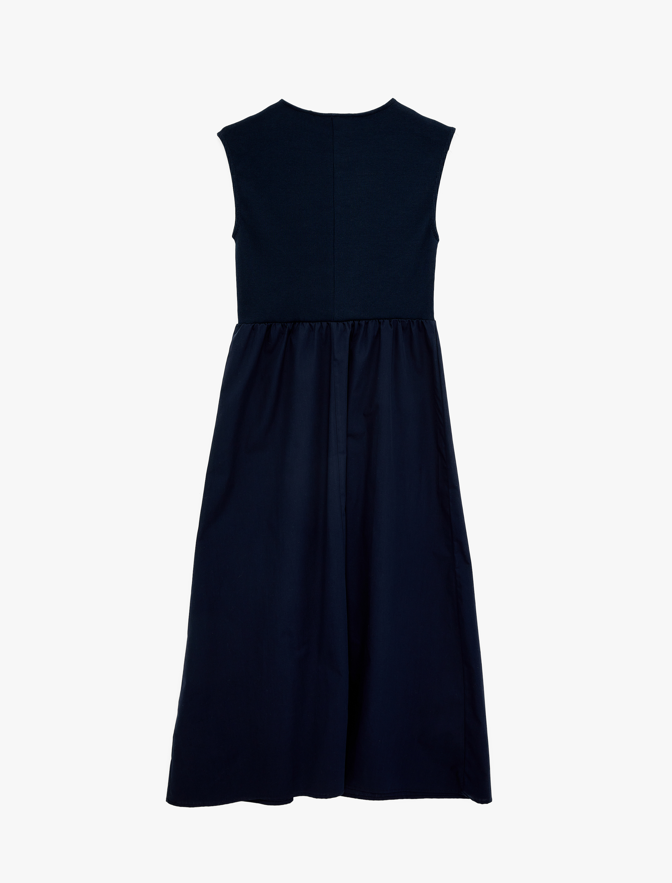   Pamuklu İki Farklı Kumaş Kullanımlı Bisiklet Yaka Kolsuz Maxi Elbise