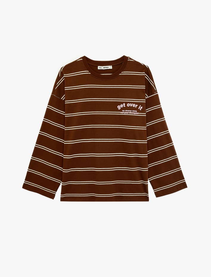  Baskılı Bisiklet Yaka Rahat Kalıp Pamuklu Uzun Kollu Tişört