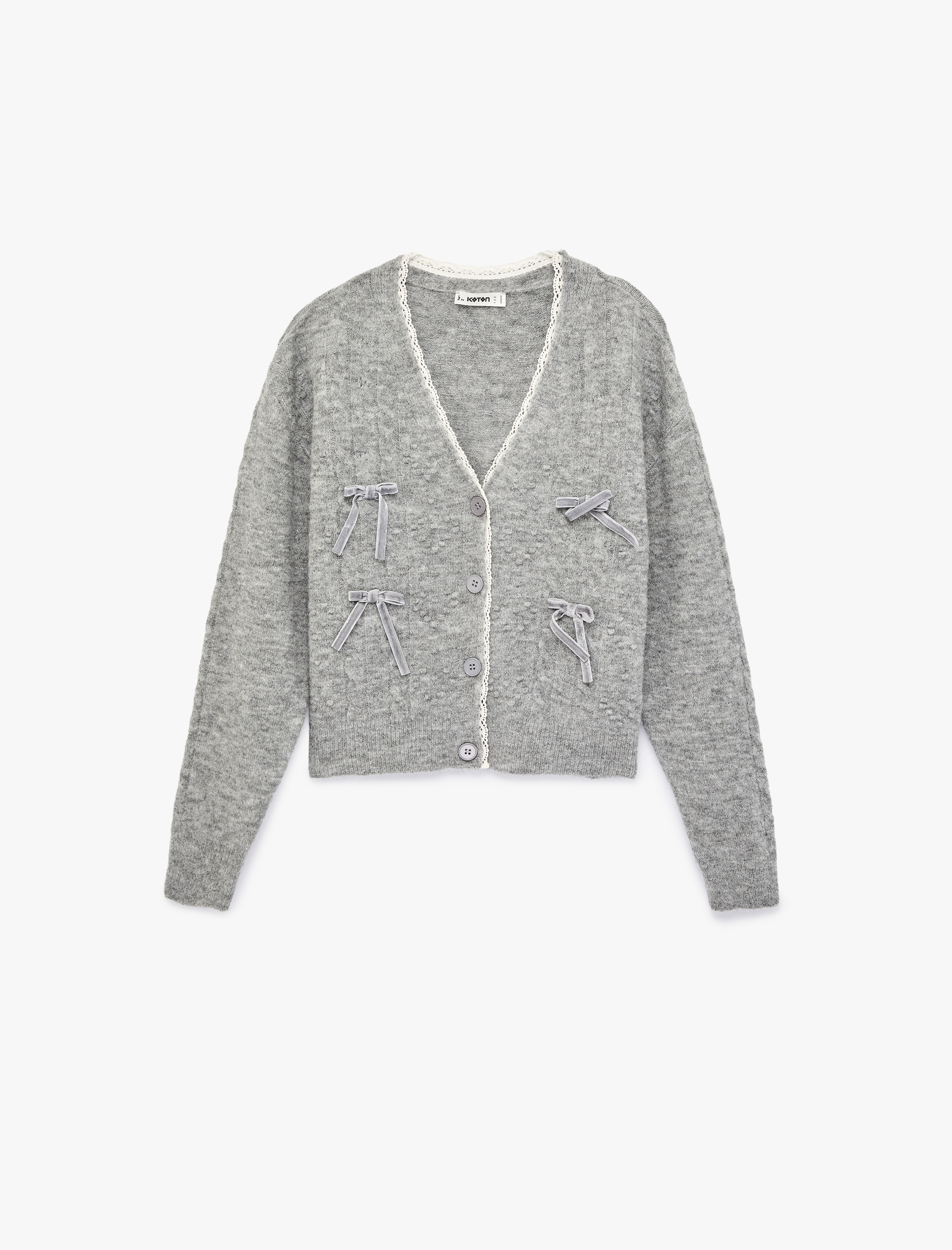   Dantel Detaylı Fiyonklu Düğmeli V Yaka Triko Hırka