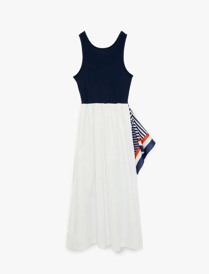  Pamuklu Kolsuz Fular Detaylı Bisiklet Yaka Uzun Elbise