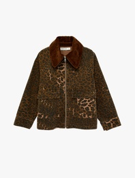 Rahat Kalıp Klasik Kadife Yaka Pamuklu Fermuarlı Cepli Leopar Ceket