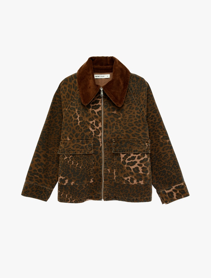  Rahat Kalıp Klasik Kadife Yaka Pamuklu Fermuarlı Cepli Leopar Ceket