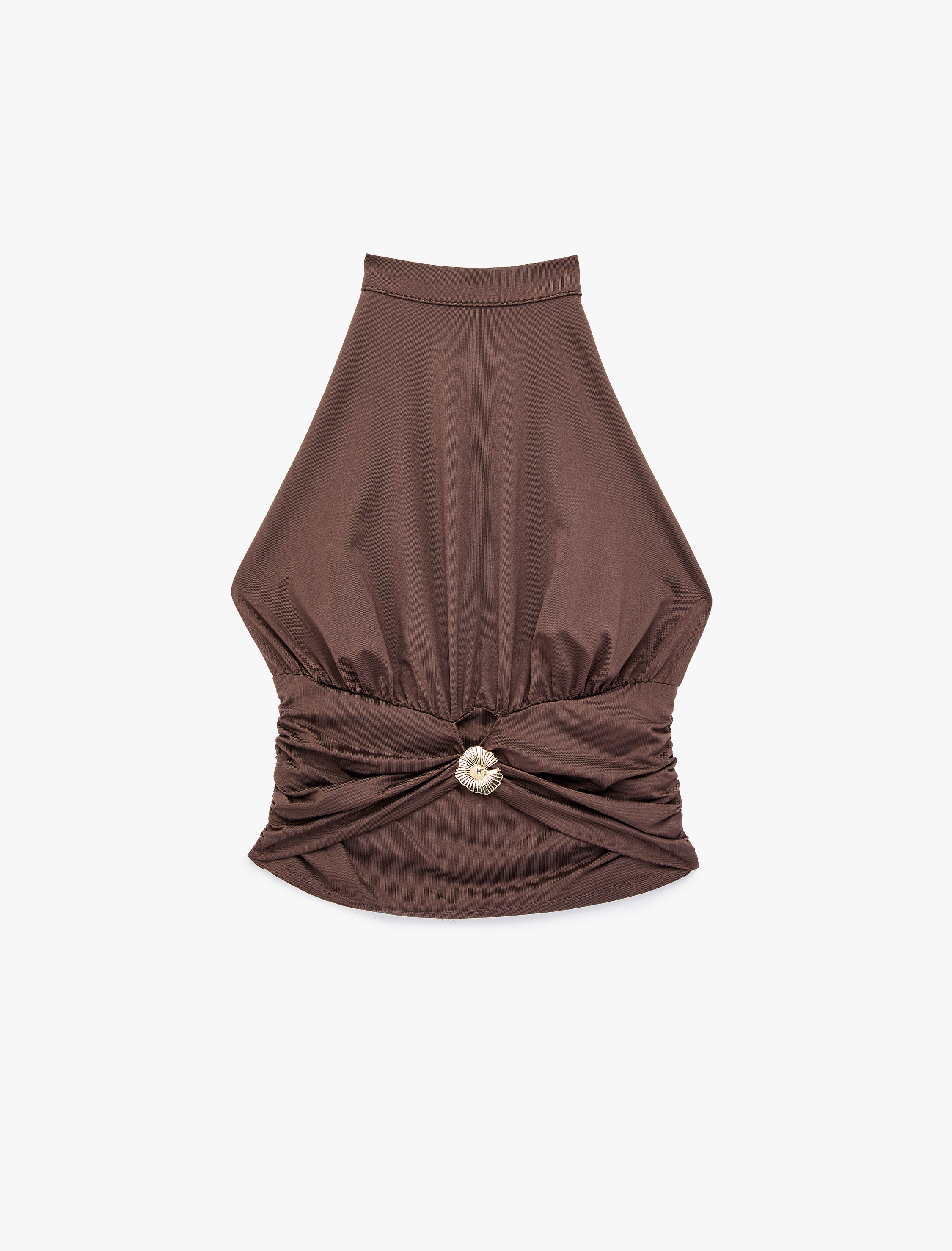   Metal Aksesuarlı Slim Fit Kolsuz Halter Yaka Bluz