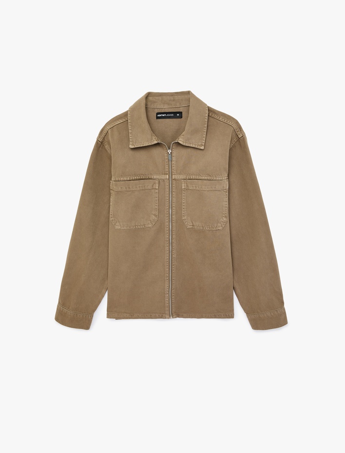  Pamuklu Uzun Kollu Cepli Klasik Yaka Fermuarlı Jean Gömlek Ceket