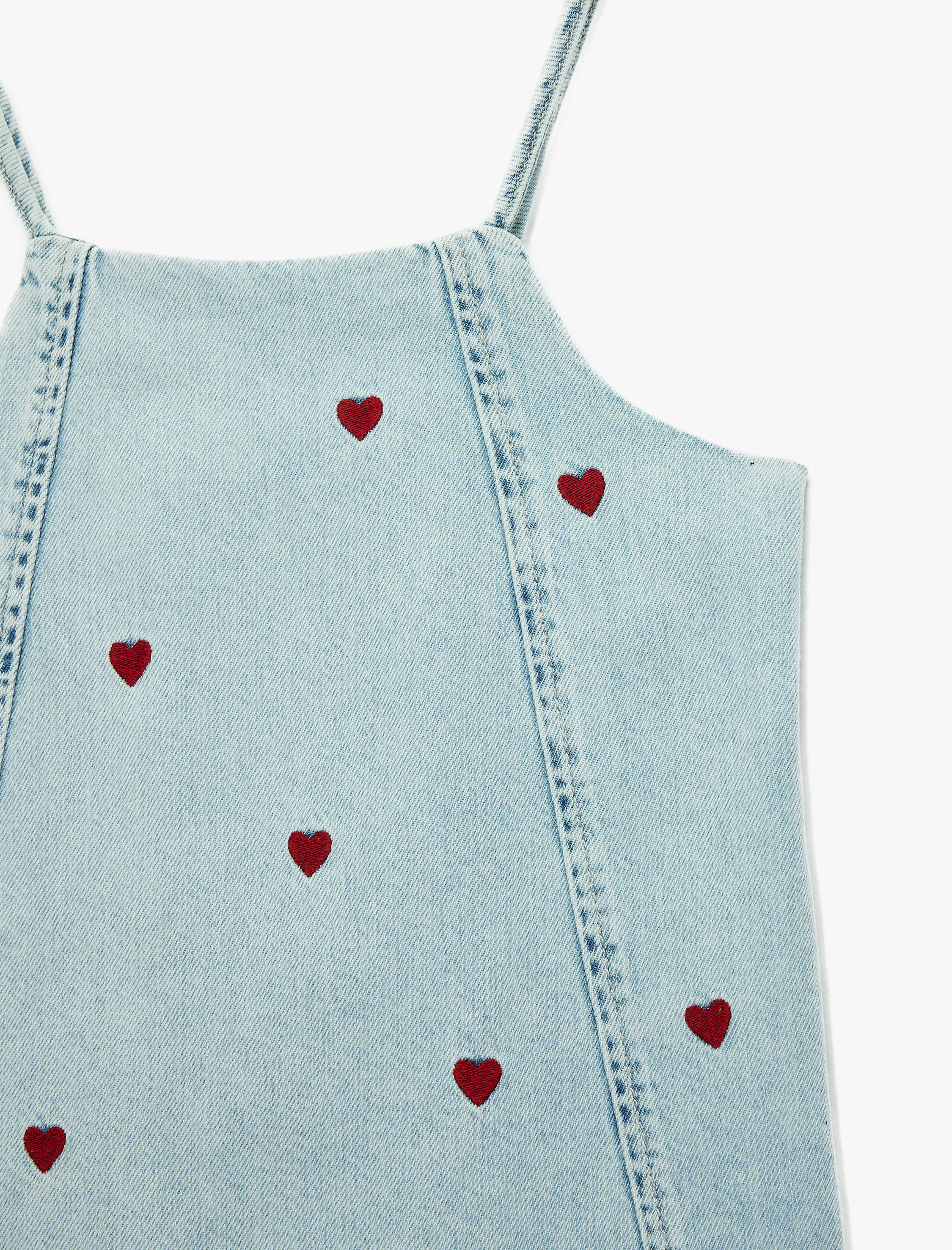  Kız Bebek Kare Yaka Kalp Desenli Askılı Denim Jile Elbise