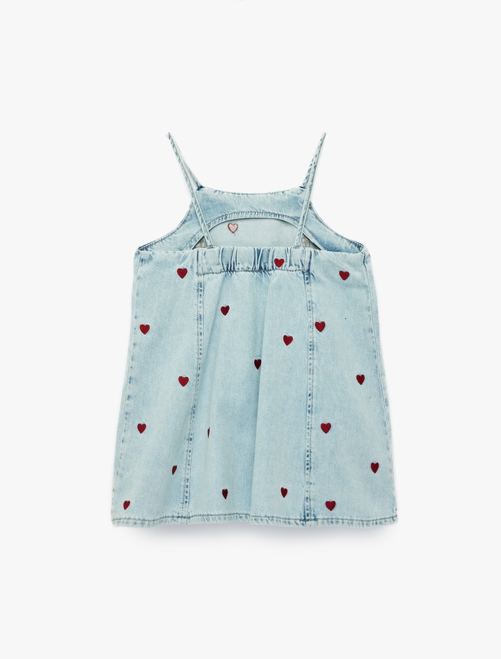 Kız Bebek Kare Yaka Kalp Desenli Askılı Denim Jile Elbise