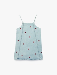 Kare Yaka Kalp Desenli Askılı Denim Jile Elbise