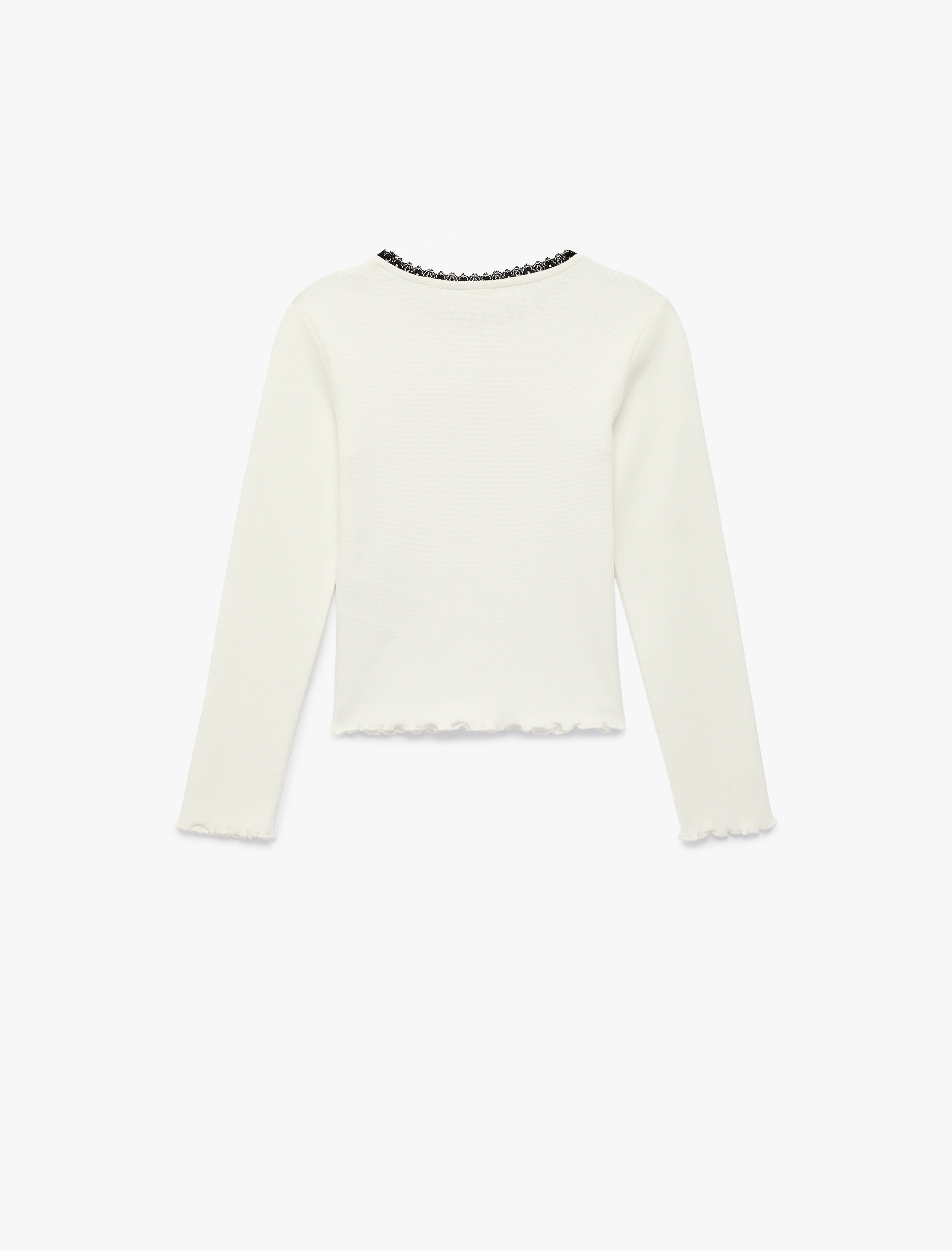  Kız Çocuk Uzun Kollu Dantel ve Fiyonk Detaylı Bisiklet Yaka Pamuklu Tişört