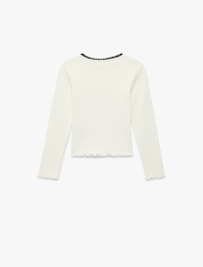 Kız Çocuk Uzun Kollu Dantel ve Fiyonk Detaylı Bisiklet Yaka Pamuklu Tişört