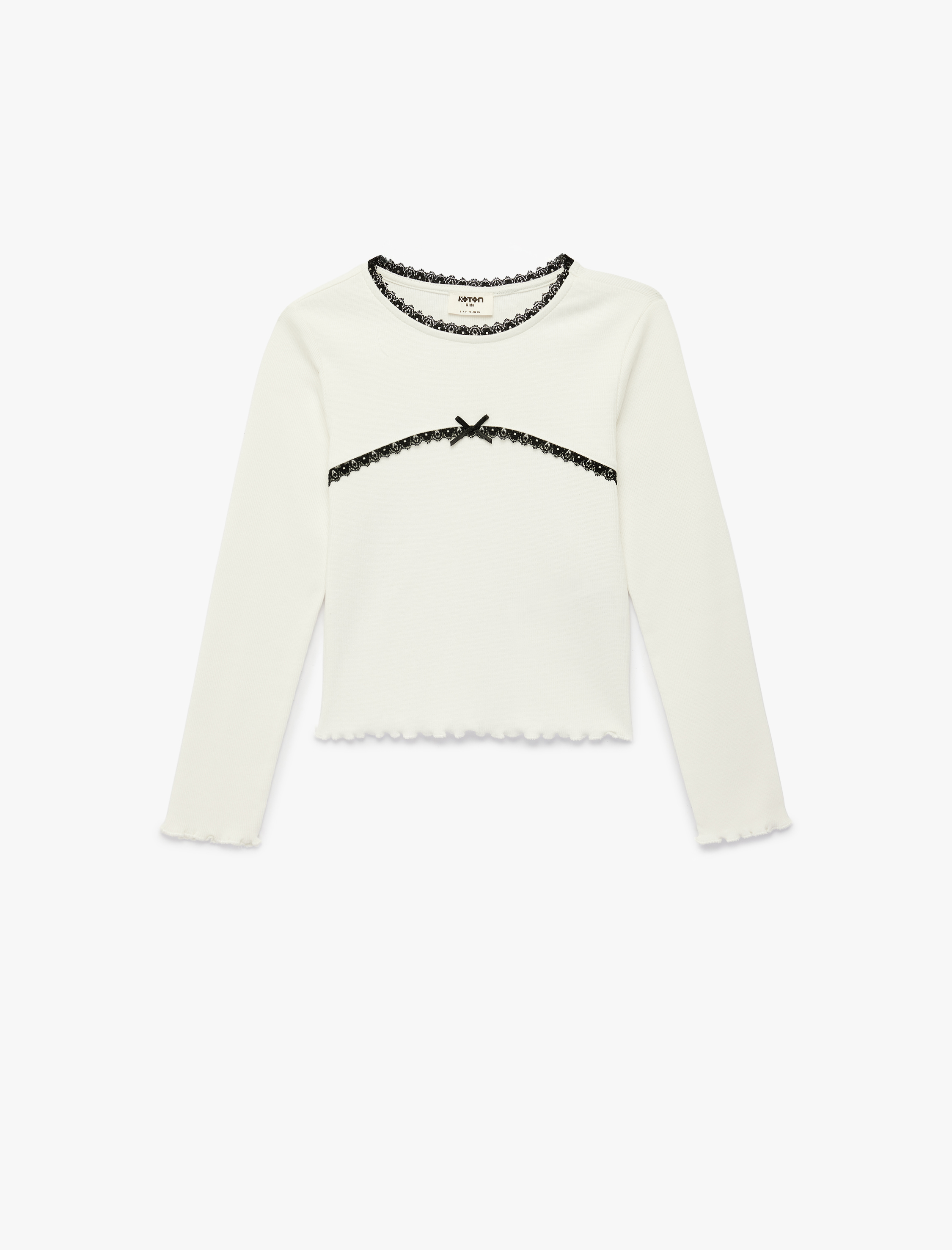  Kız Çocuk Uzun Kollu Dantel ve Fiyonk Detaylı Bisiklet Yaka Pamuklu Tişört