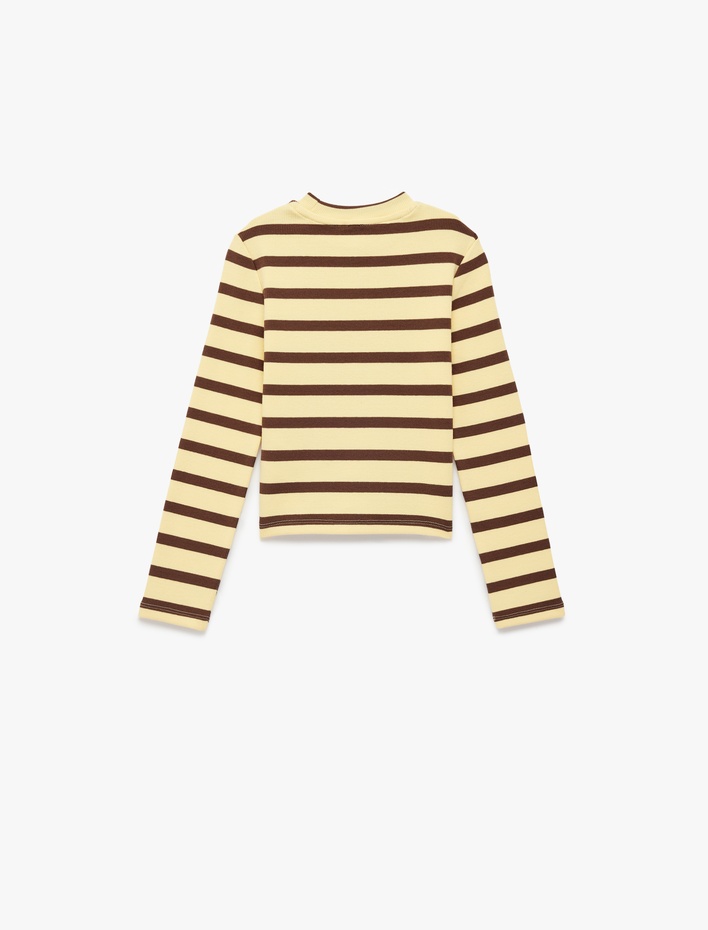 Kız Çocuk Uzun Kollu Bisiklet Yaka Baskılı Pamuklu Çizgili Tişört