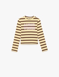 Uzun Kollu Bisiklet Yaka Baskılı Pamuklu Çizgili Tişört