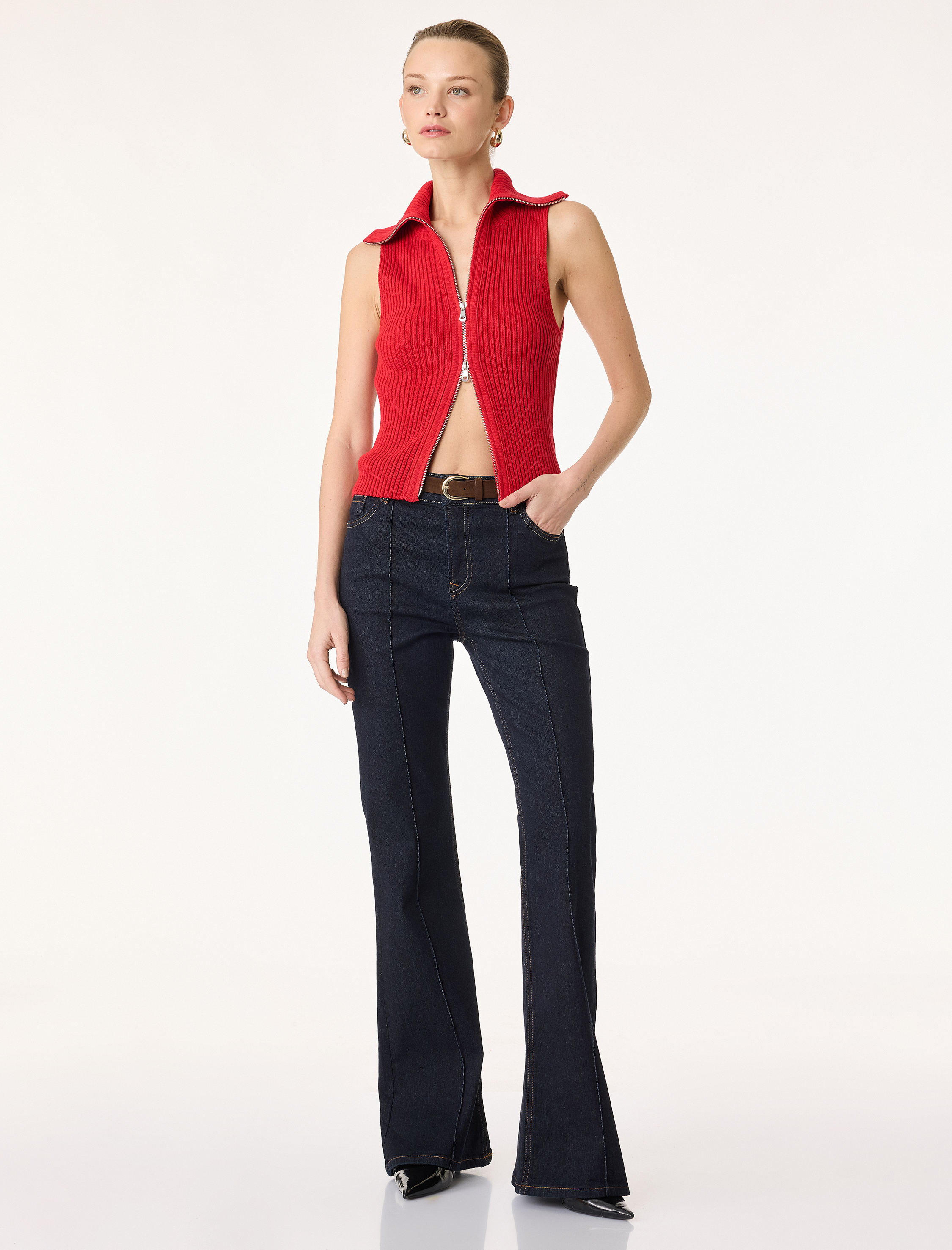   Devrik Yaka Kolsuz Fermuarlı Triko Yelek