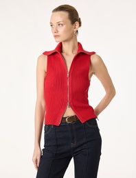 Devrik Yaka Kolsuz Fermuarlı Triko Yelek