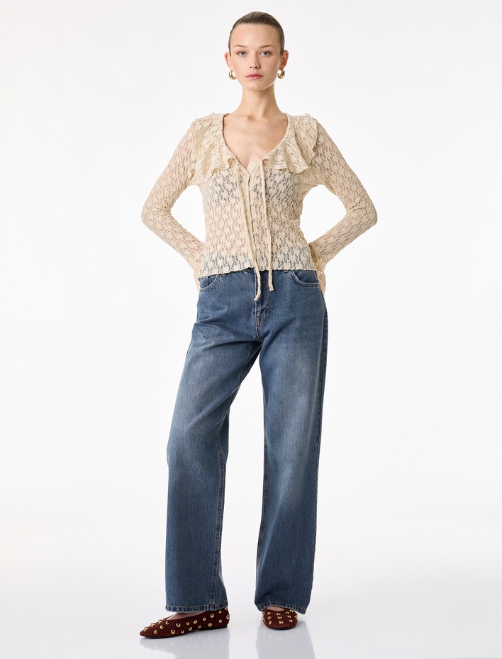  Pamuklu Cepli Düğmeli Yüksek Bel Düz Paça Denim Pantolon - Straight Fit Jean