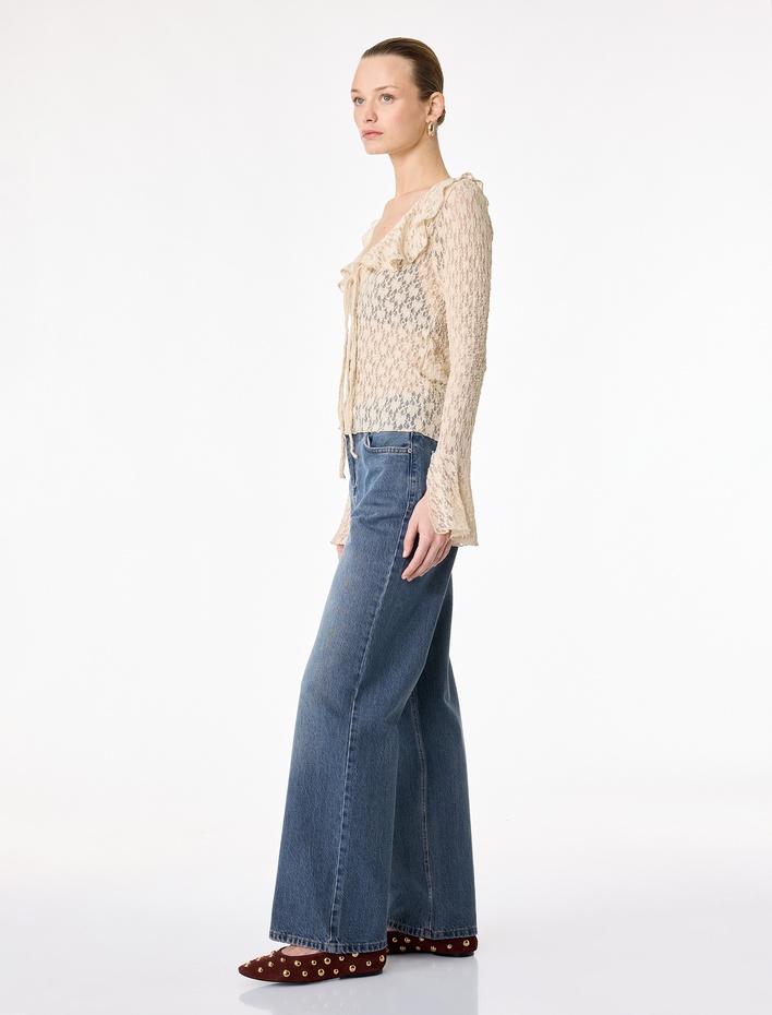  Pamuklu Cepli Düğmeli Yüksek Bel Düz Paça Denim Pantolon - Straight Fit Jean