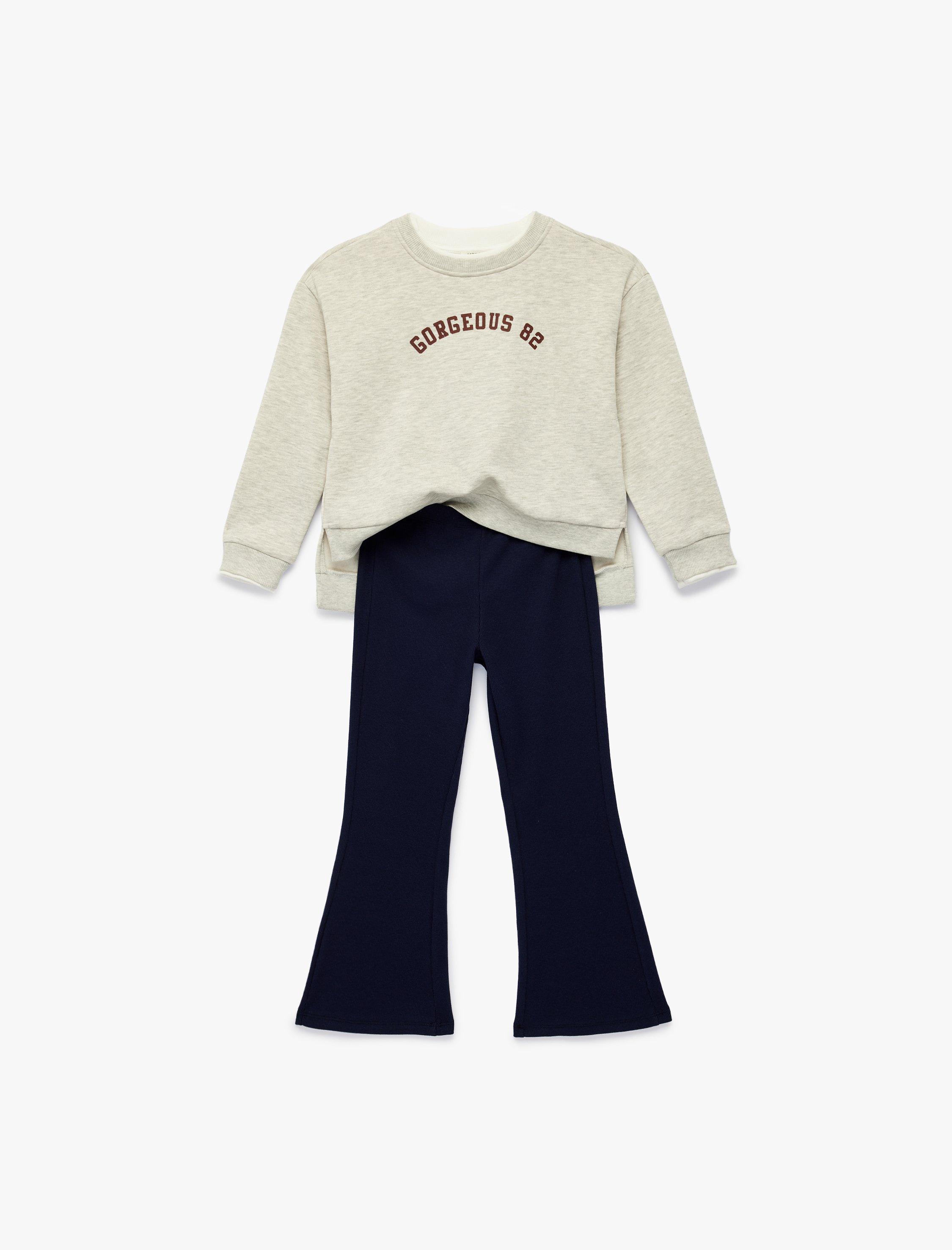  Kız Çocuk Baskılı Uzun Kollu Şardonlu Sweatshirt ve İspanyol Paça Pantolon Takımı - 2'li Set