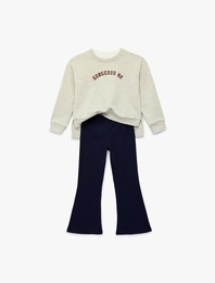 Baskılı Uzun Kollu Şardonlu Sweatshirt ve İspanyol Paça Pantolon Takımı - 2'li Set