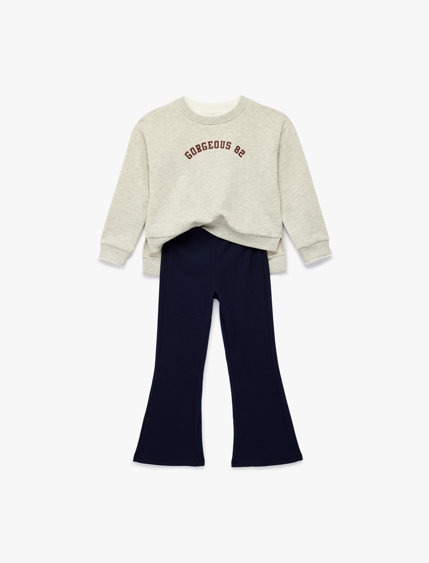 Koton Baskılı Uzun Kollu Şardonlu Sweatshirt ve İspanyol Paça Pantolon Takımı – 2’li Set