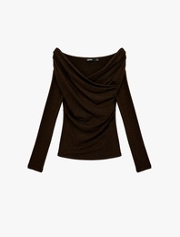 Koyun Yünü Karışımlı Slim Fit Uzun Kollu Kruvaze Degaje Yaka Açık Omuz Bluz