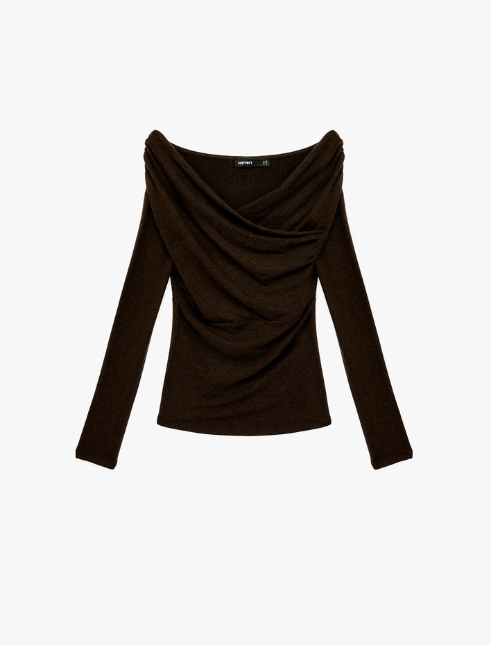  Koyun Yünü Karışımlı Slim Fit Uzun Kollu Kruvaze Degaje Yaka Açık Omuz Bluz