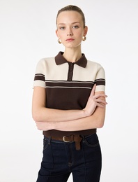 Kısa Kollu Çizgili Polo Yaka Triko Kazak