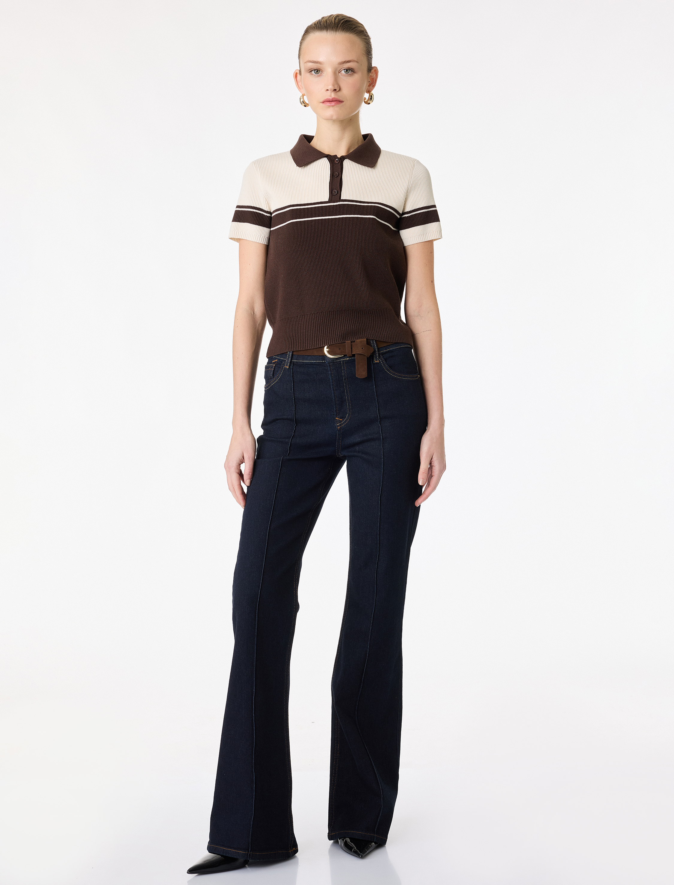   Kısa Kollu Çizgili Polo Yaka Triko Kazak