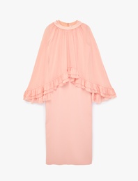 Rahat Kalıp Kısa Kollu Fırfır Detaylı Bisiklet Yaka Saten Uzun Elbise