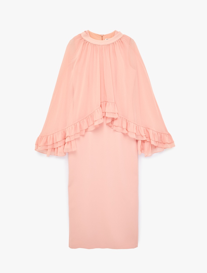  Rahat Kalıp Kısa Kollu Fırfır Detaylı Bisiklet Yaka Saten Uzun Elbise