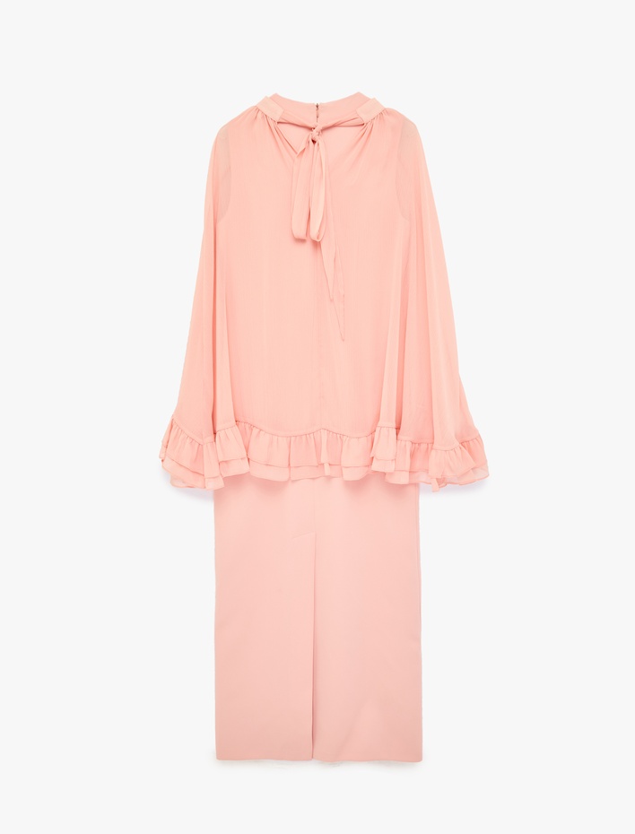  Rahat Kalıp Kısa Kollu Fırfır Detaylı Bisiklet Yaka Saten Uzun Elbise