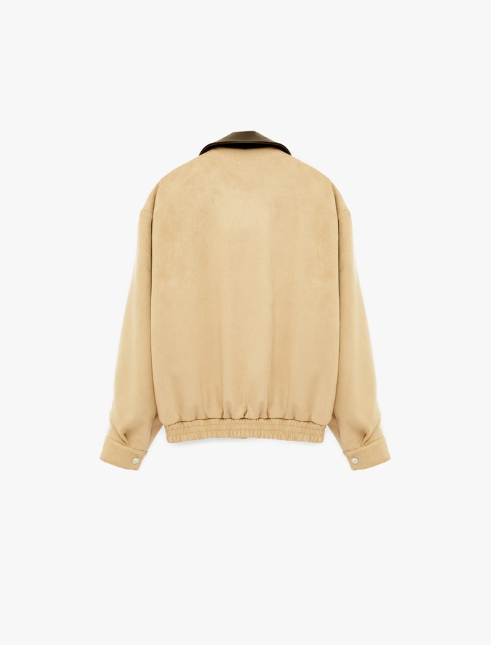  Uzun Kollu Cepli Fermuarlı Suni Süet Bomber Ceket