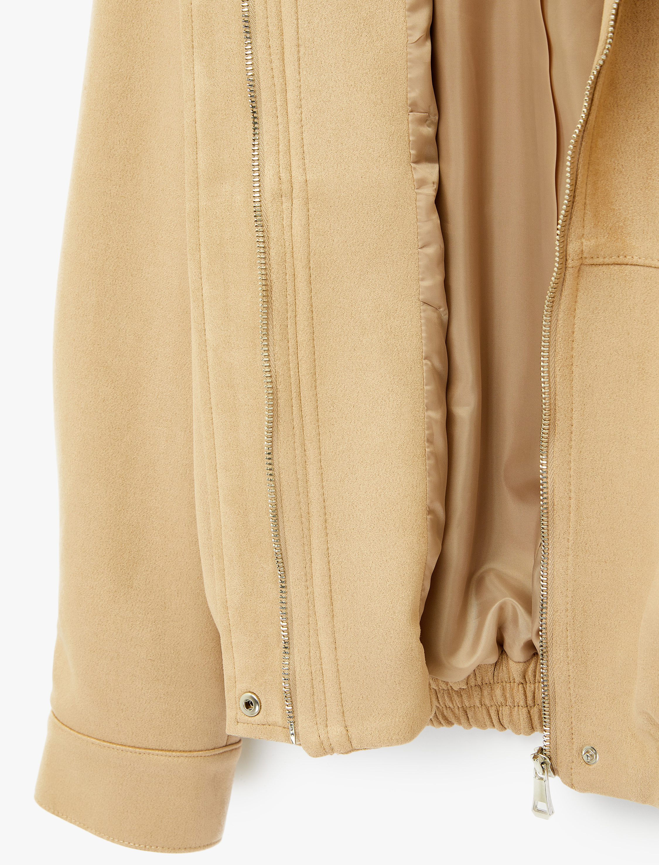   Uzun Kollu Cepli Fermuarlı Suni Süet Bomber Ceket