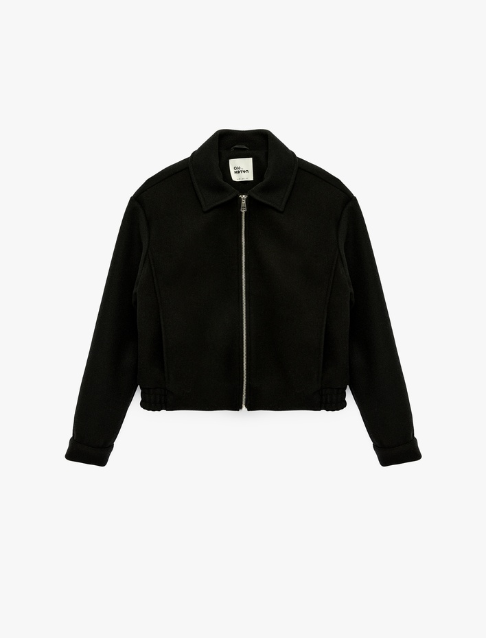  Cep Detaylı Klasik Yaka Fermuarlı Crop Ceket