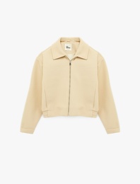 Cep Detaylı Klasik Yaka Fermuarlı Crop Ceket