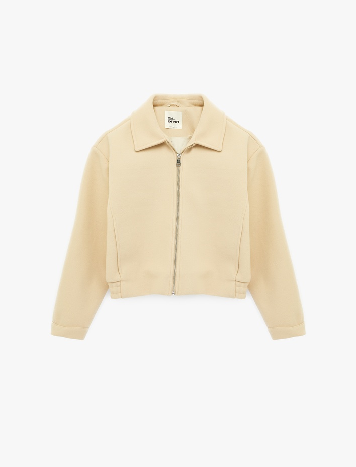  Cep Detaylı Klasik Yaka Fermuarlı Crop Ceket