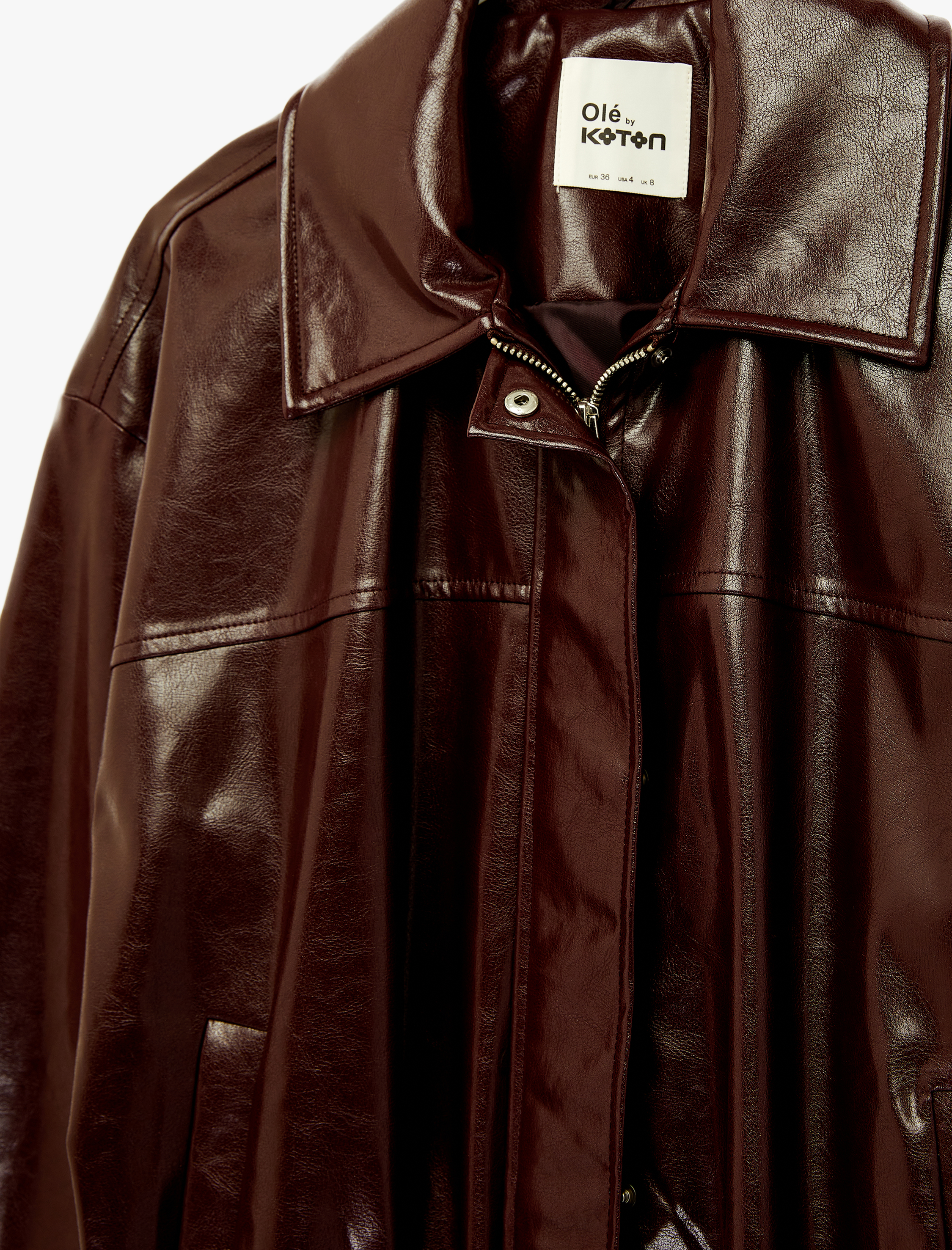   Uzun Kollu Cep Detaylı Klasik Yaka Fermuarlı Suni Deri Ceket