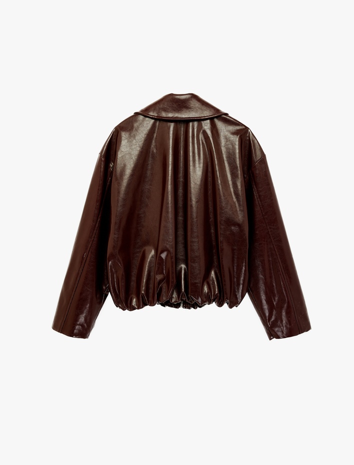  Uzun Kollu Cep Detaylı Klasik Yaka Fermuarlı Suni Deri Ceket