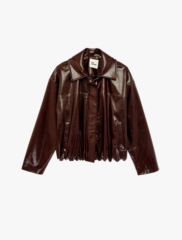  Uzun Kollu Cep Detaylı Klasik Yaka Fermuarlı Suni Deri Ceket