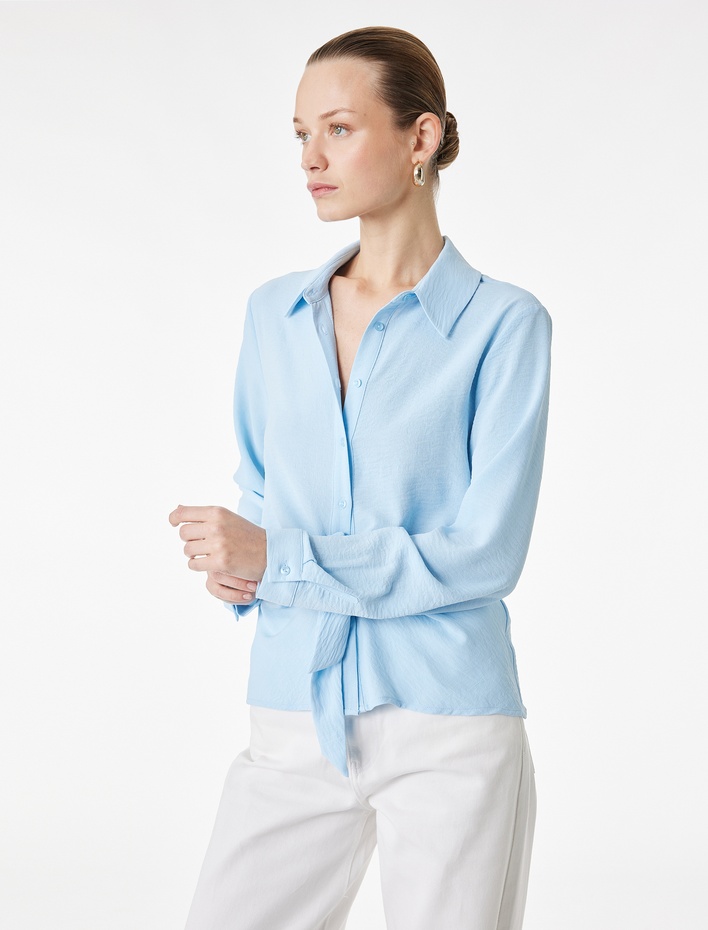  Uzun Kollu Düğmeli Bağlama Detaylı Gömlek