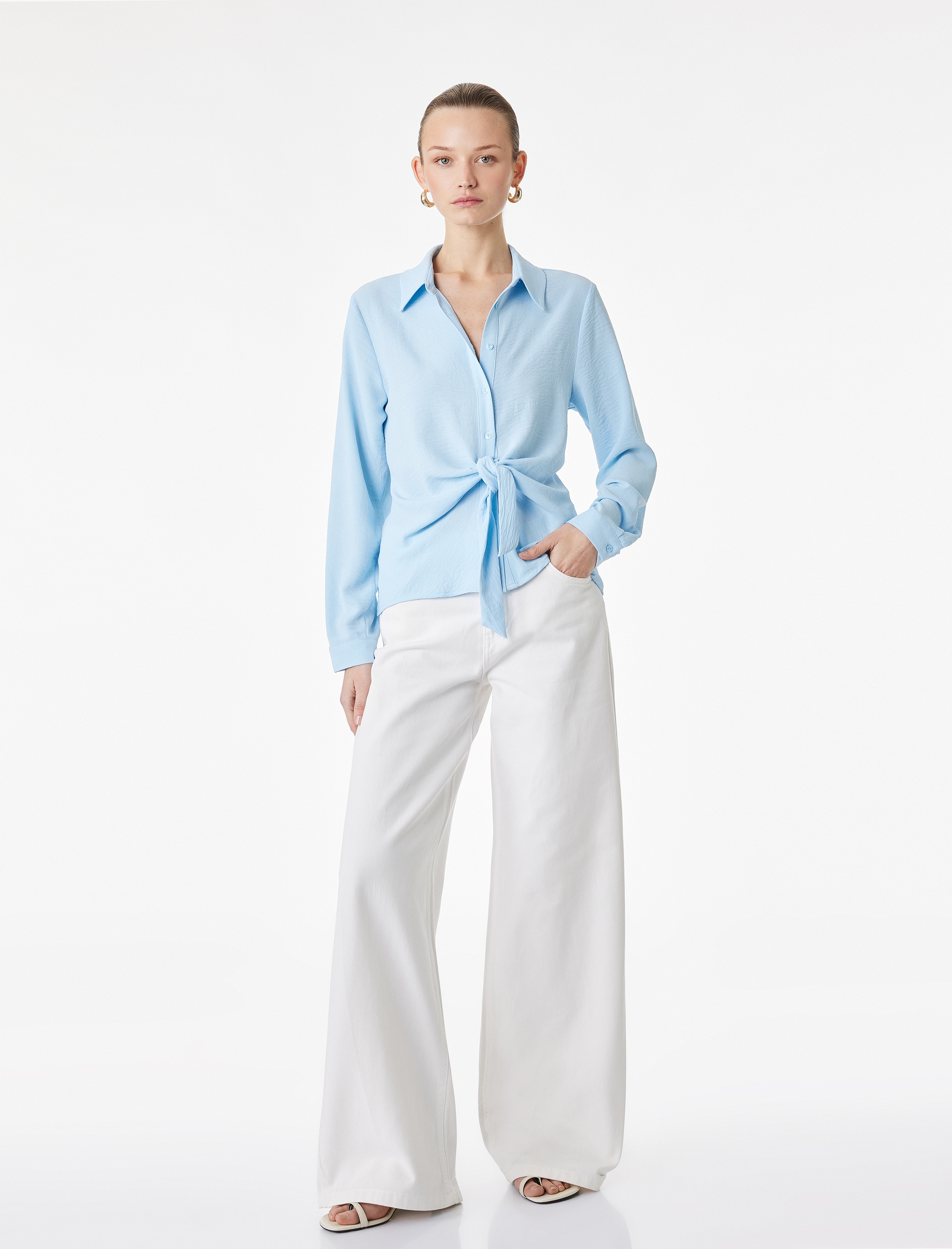   Uzun Kollu Düğmeli Bağlama Detaylı Gömlek