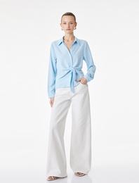 Uzun Kollu Düğmeli Bağlama Detaylı Gömlek