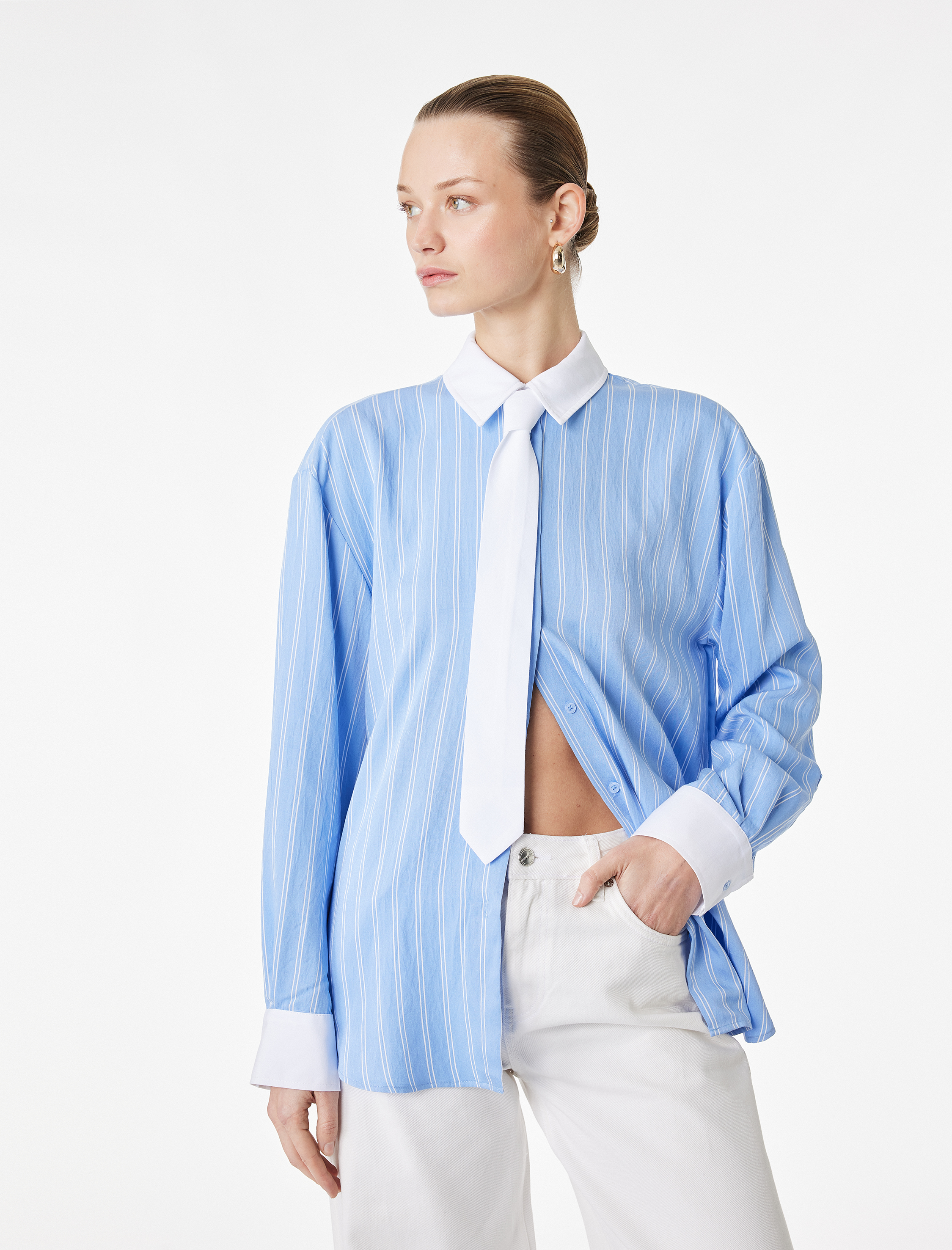   Viskon Kumaş Uzun Kollu Kuşak Detaylı Çizgili Gömlek