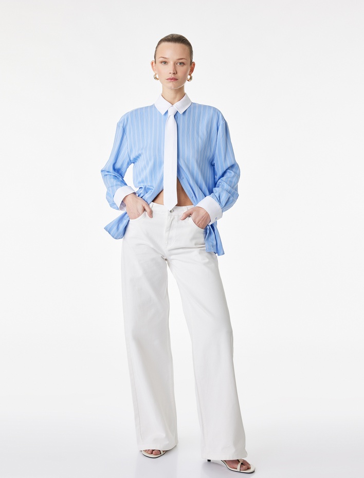  Viskon Kumaş Uzun Kollu Kuşak Detaylı Çizgili Gömlek