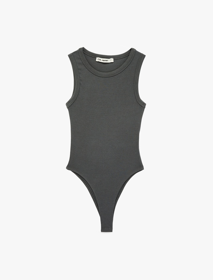  Çıtçıt Düğme Detaylı Kolsuz Bisiklet Yaka Bodysuit