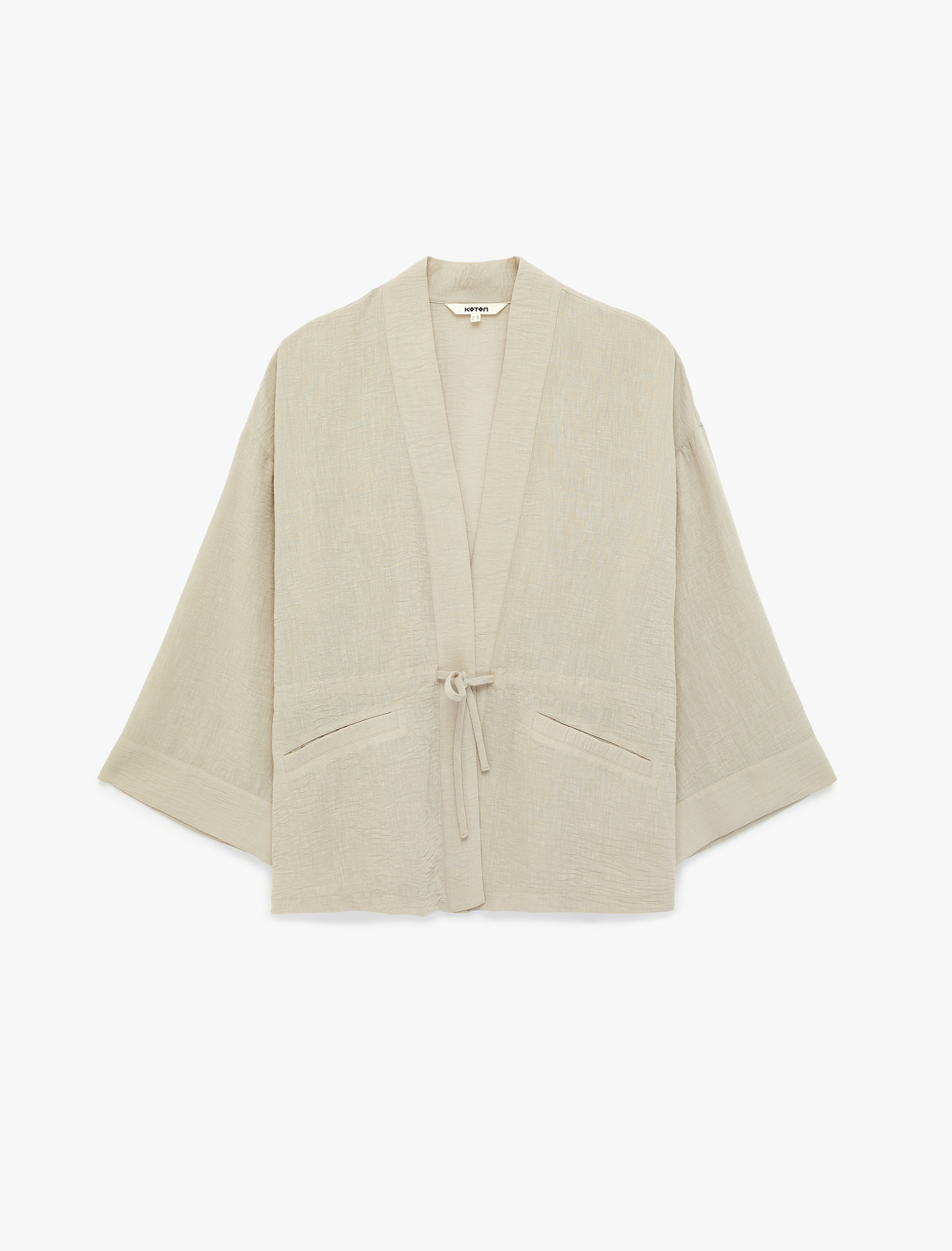   Keten Görünümlü Geniş 3/4 Kol Cepli Önden Bağlama Detaylı Kimono