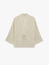 Keten Görünümlü Geniş 3/4 Kol Cepli Önden Bağlama Detaylı Kimono