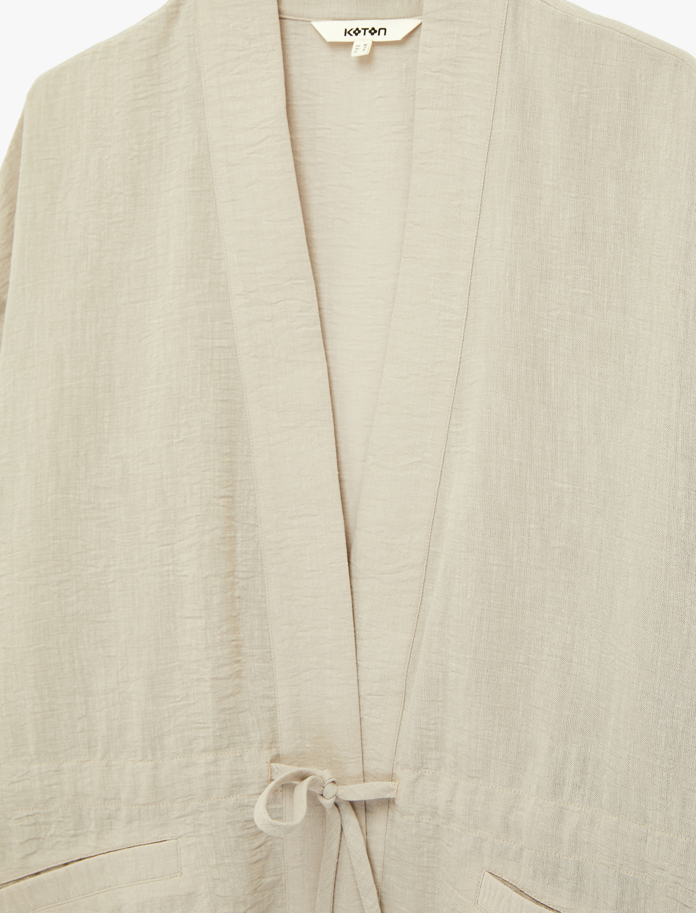   Keten Görünümlü Geniş 3/4 Kol Cepli Önden Bağlama Detaylı Kimono