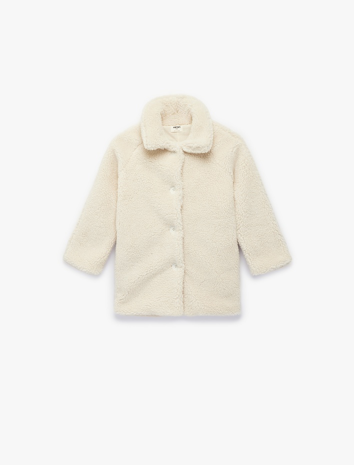 Kız Çocuk Düğme Detaylı Uzun Kollu Polo Yaka Polar Ceket