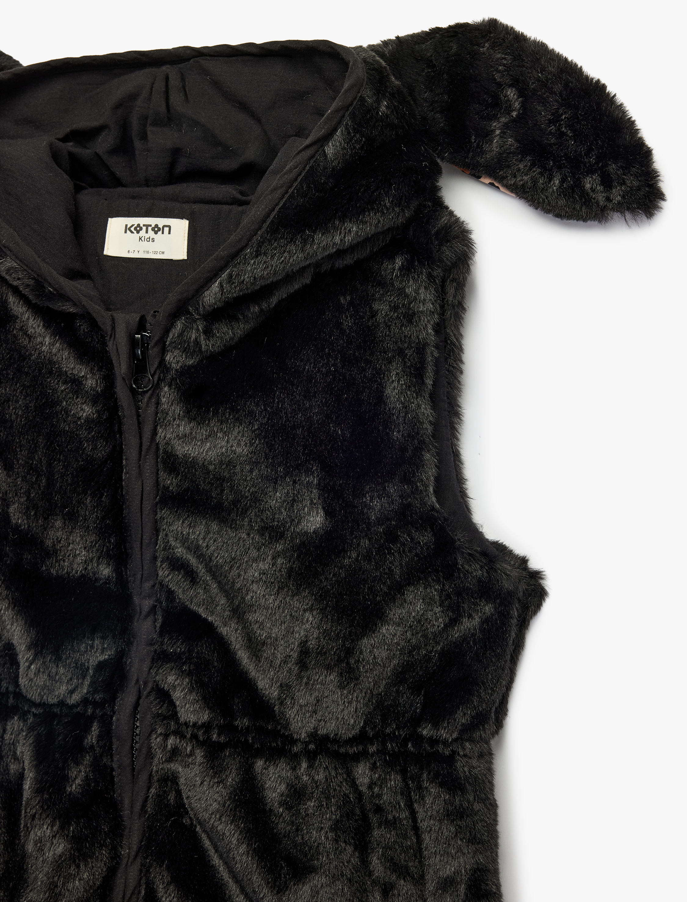  Kız Çocuk Tavşan Kulak Detaylı Kolsuz Kapüşonlu Kürk Görünümlü Yelek