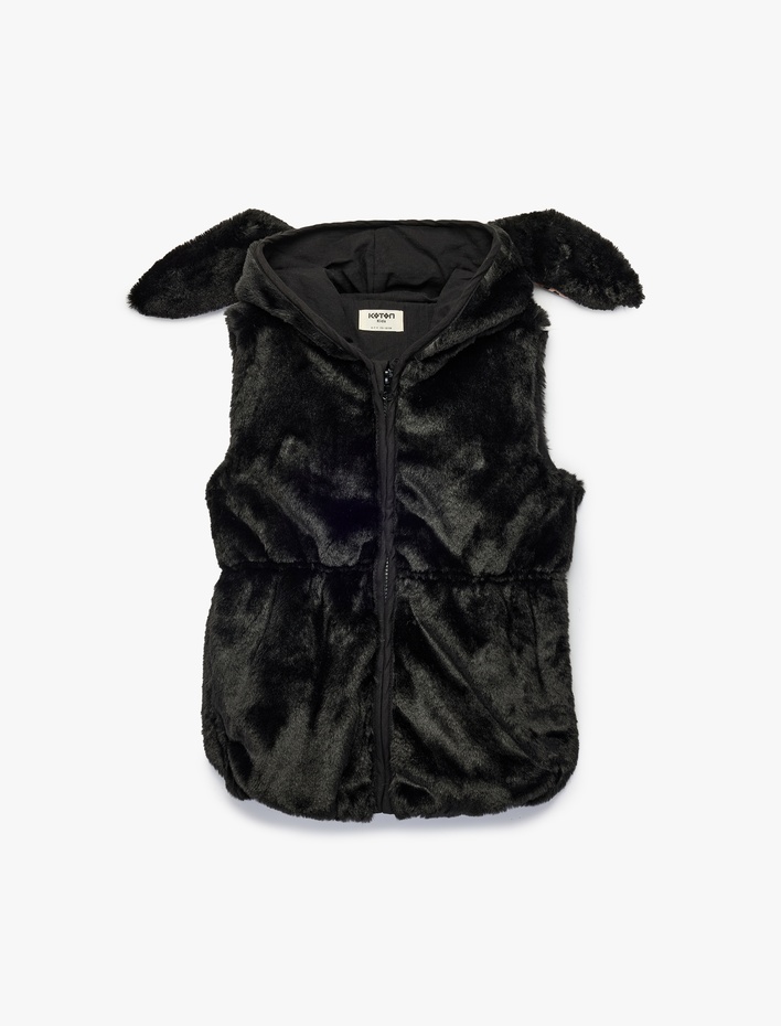 Kız Çocuk Tavşan Kulak Detaylı Kolsuz Kapüşonlu Kürk Görünümlü Yelek